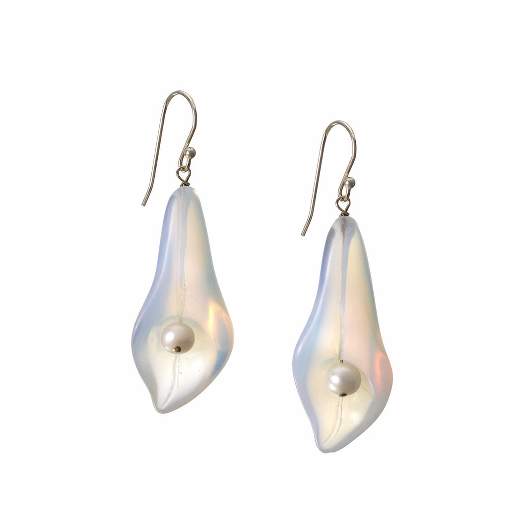 Pontiel Jewelry | Hera Earrings with Opalite Calla Lilies & Freshwater Pearls