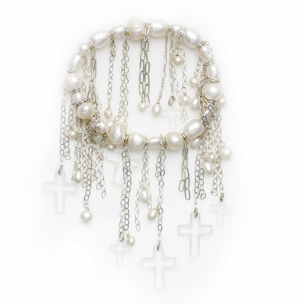 Pontiel Jewelry | Pearl & Cross Bracelet with Freshwater & Swarovski Pearls 