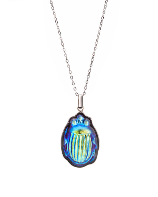 Pontiel Jewelry | Scarab Necklace | Egyptian-Revival Iridescent Glass
