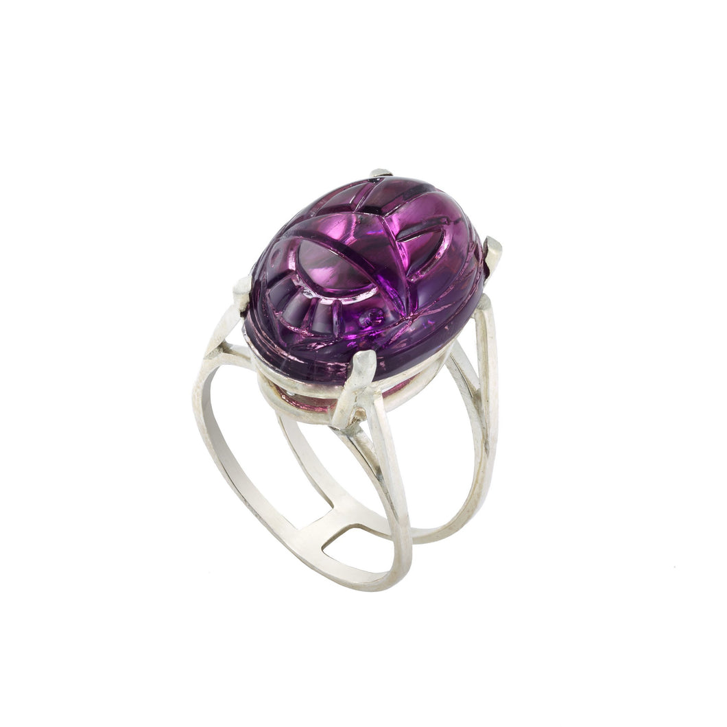 Pontiel Jewelry | Scarab Ring | Egyptian Revival Amethyst Colored Glass
